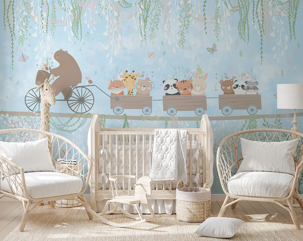 Tek Parça Kumaş Tekstil - Bisikletli Ayı ve Neşeli Vagonlar Mavi Düşler Ormanı Çocuk Odası Duvar Kağıdı