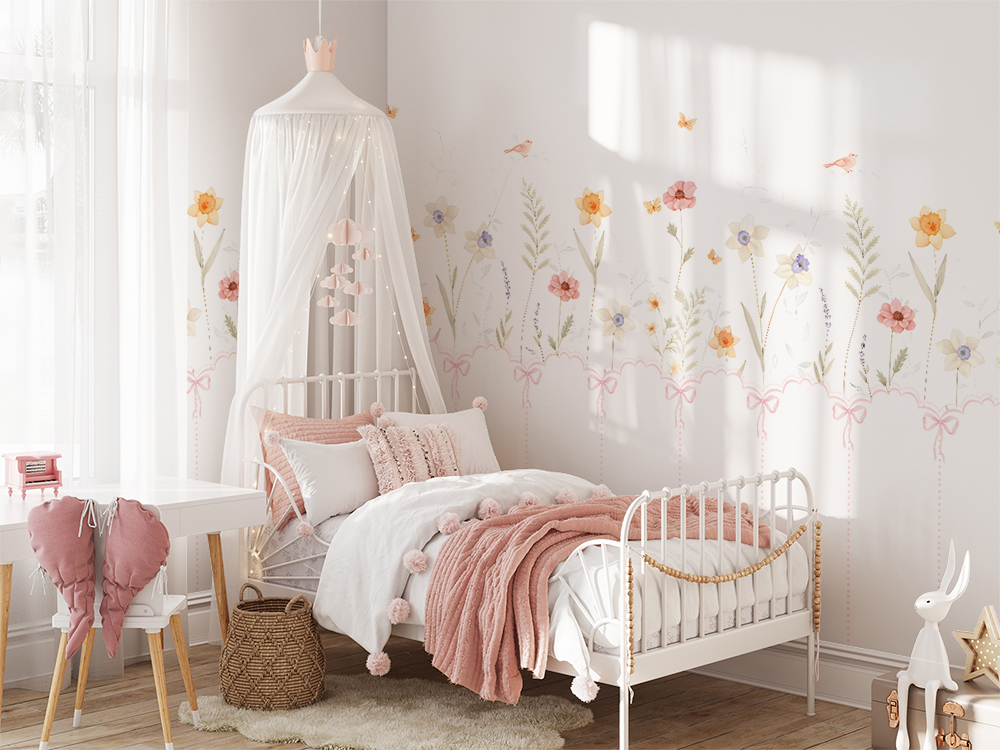 Tek Parça Kumaş Tekstil - Pastel Çiçek Bahçesi Temalı Çocuk Odası Duvar Kağıdı – Kız Bebek Odası Dekoru