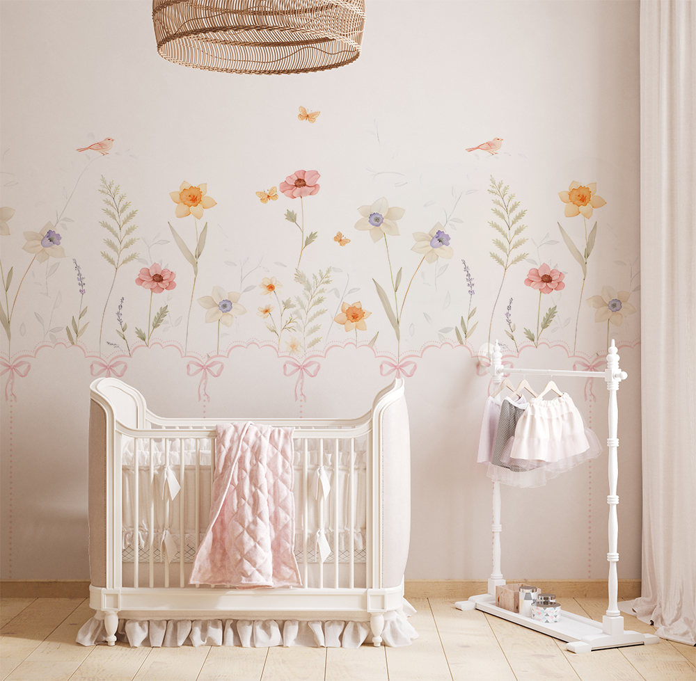 Tek Parça Kumaş Tekstil - Pastel Çiçek Bahçesi Temalı Çocuk Odası Duvar Kağıdı – Kız Bebek Odası Dekoru
