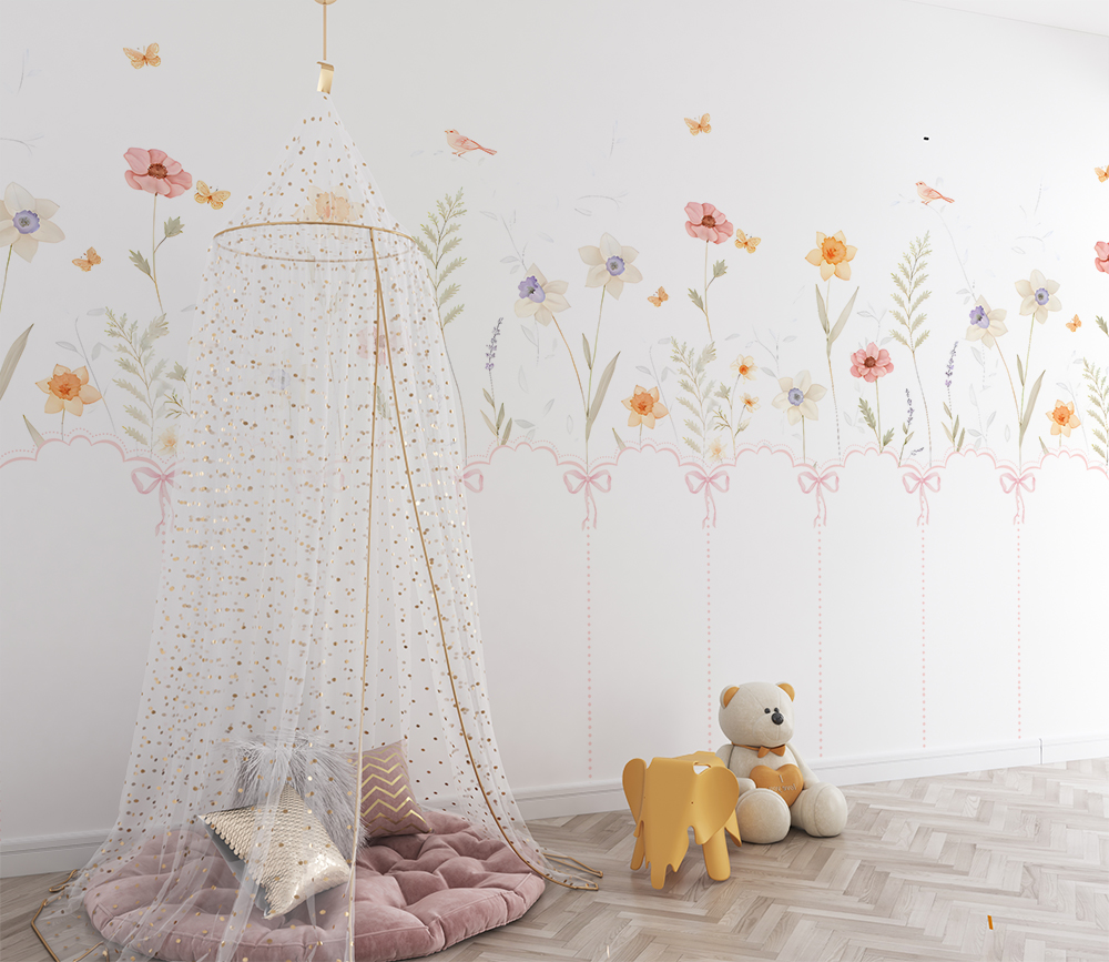 Tek Parça Kumaş Tekstil - Pastel Çiçek Bahçesi Temalı Çocuk Odası Duvar Kağıdı – Kız Bebek Odası Dekoru