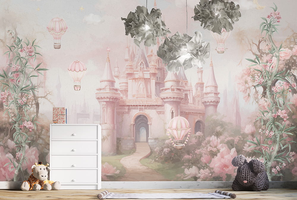 Tek Parça Kumaş Tekstil - Pembe Düşler Masal Şatosu Prensesin Rüyası Kız Çocuk Odası Duvar Kağıdı
