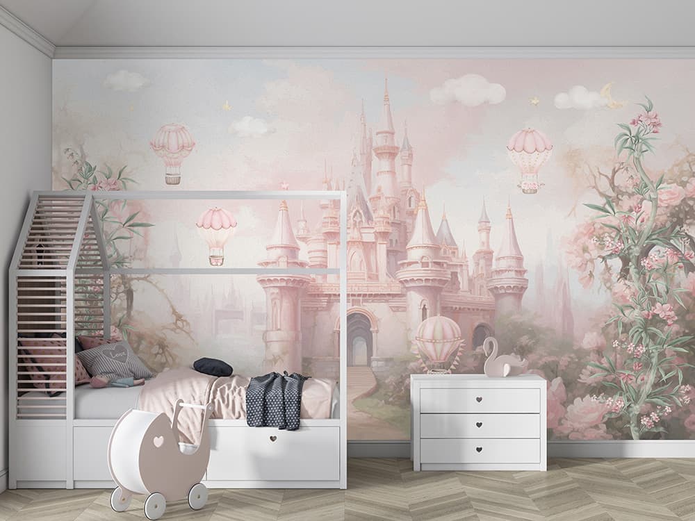 Tek Parça Kumaş Tekstil - Pembe Düşler Masal Şatosu Prensesin Rüyası Kız Çocuk Odası Duvar Kağıdı