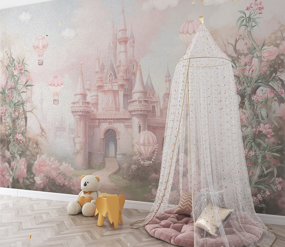 Tek Parça Kumaş Tekstil - Pembe Düşler Masal Şatosu Prensesin Rüyası Kız Çocuk Odası Duvar Kağıdı