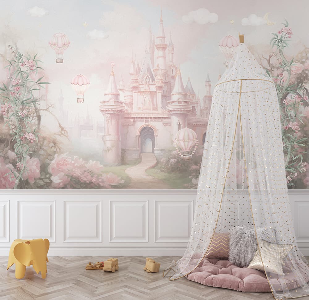 Tek Parça Kumaş Tekstil - Pembe Düşler Masal Şatosu Prensesin Rüyası Kız Çocuk Odası Duvar Kağıdı