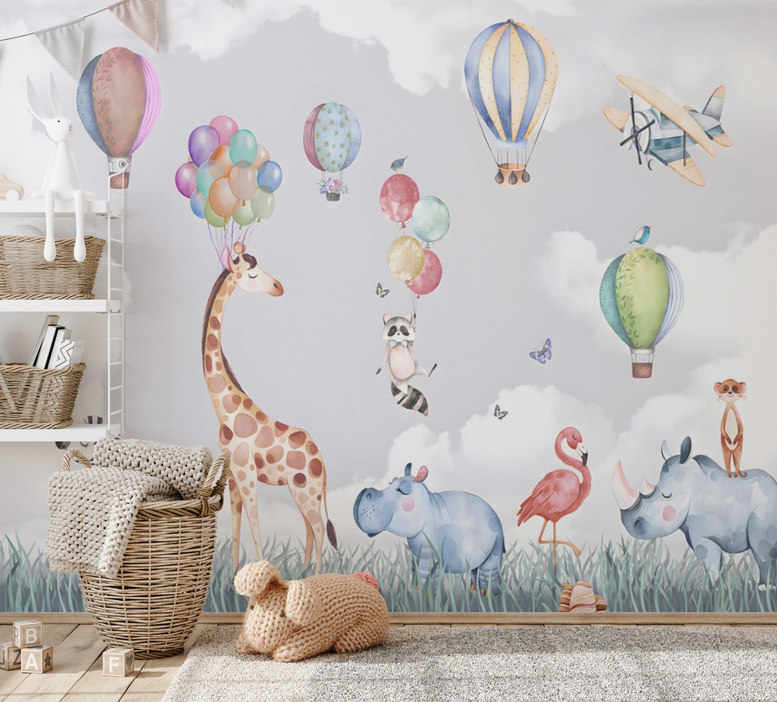 Tek Parça Kumaş Tekstil - Safari Hayvanları Zürafa Zebra Gergedan Flamingo Çocuk Odası Duvar Kağıdı