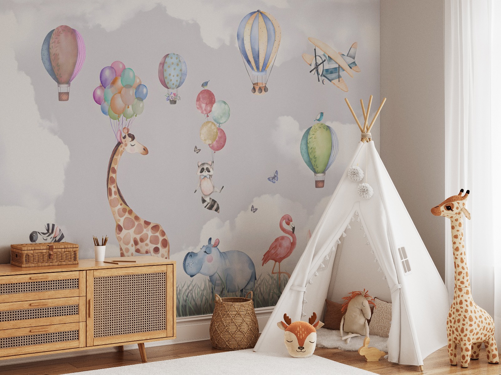 Tek Parça Kumaş Tekstil - Safari Hayvanları Zürafa Zebra Gergedan Flamingo Çocuk Odası Duvar Kağıdı