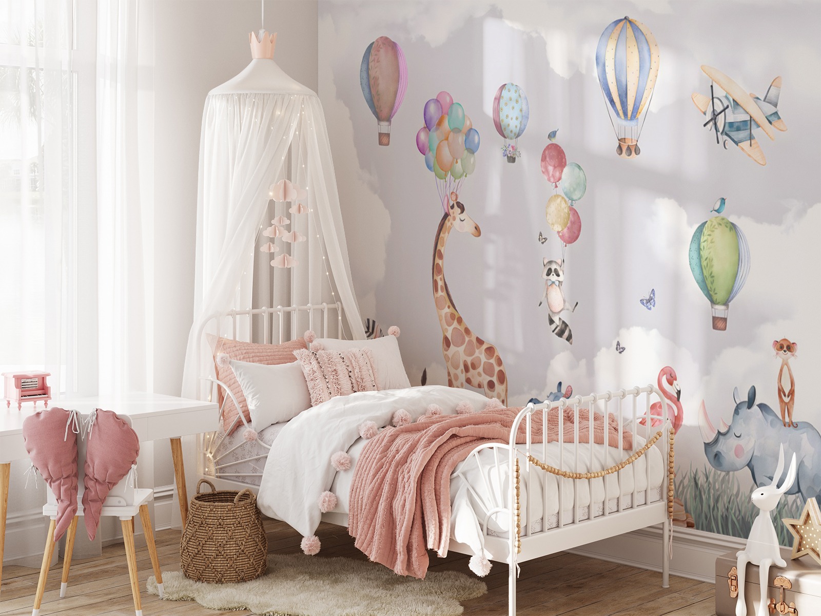 Tek Parça Kumaş Tekstil - Safari Hayvanları Zürafa Zebra Gergedan Flamingo Çocuk Odası Duvar Kağıdı