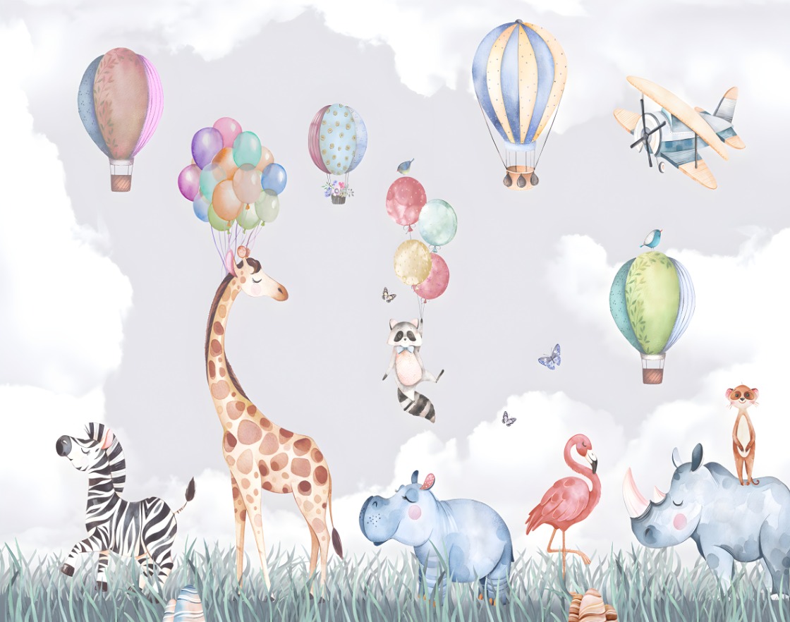 Tek Parça Kumaş Tekstil - Safari Hayvanları Zürafa Zebra Gergedan Flamingo Çocuk Odası Duvar Kağıdı