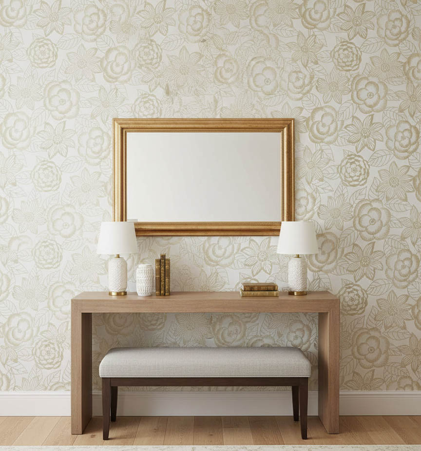 Altın Sarısı Çiçekleriyle Beyaz Duvar Kağıdı 670417