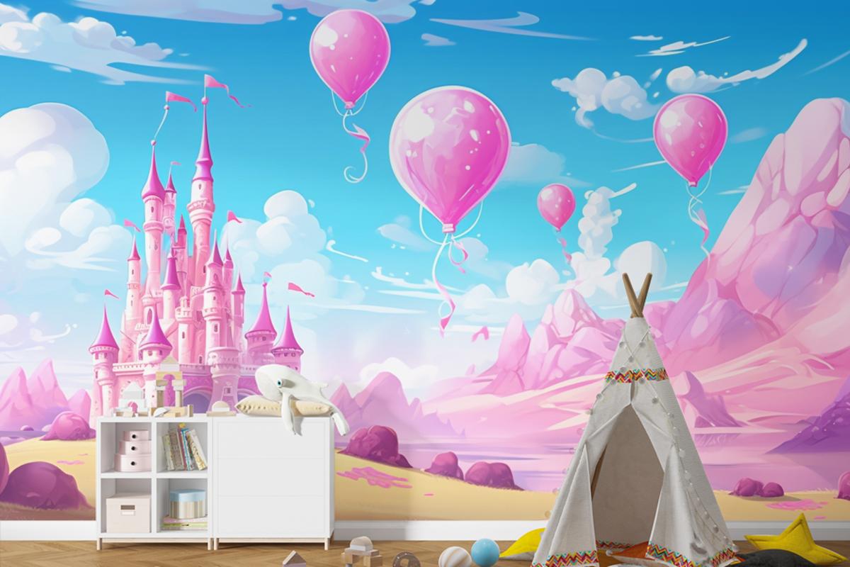 Balonlu Kale Ve Arka Planda Kale Çocuk Odası Duvar Kağıdı