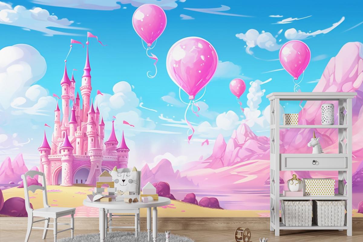 Balonlu Kale Ve Arka Planda Kale Çocuk Odası Duvar Kağıdı