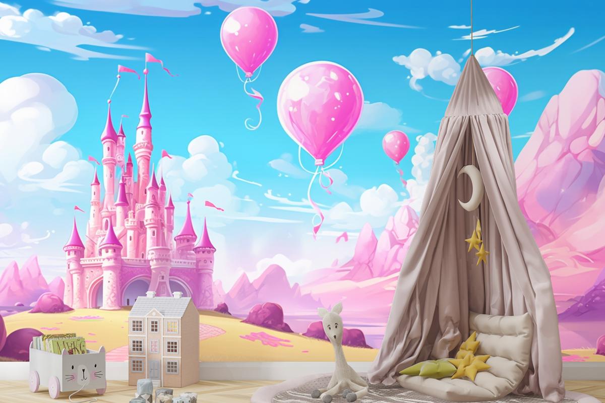 Balonlu Kale Ve Arka Planda Kale Çocuk Odası Duvar Kağıdı