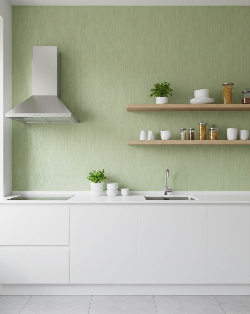 Bambu - Çizgili Kabartmalı Yeşil Banyo Mutfak Duvar Kağıdı - Su Geçirmez Neme Dayanıklı