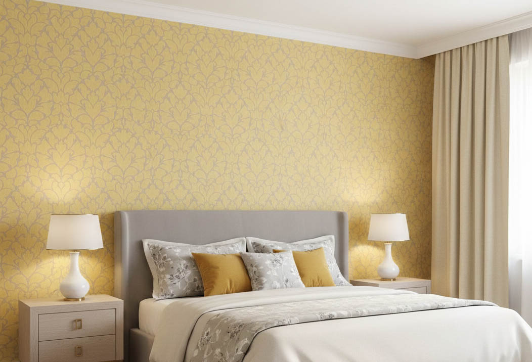 Bej Soft Sarı Damask Desen Ucuz Duvar Kağıdı 765472