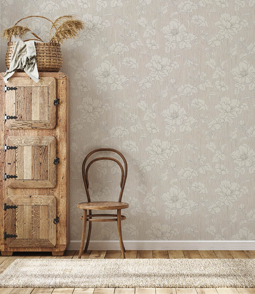Bej Zemin Üzerine Beyaz Çiçek Desenli Silinebilir Duvar Kağıdı 53332 – Zarif Botanik Tasarım, Kendinden Dokulu, Kolay Uygulama, Salon ve Yatak Odası İçin
