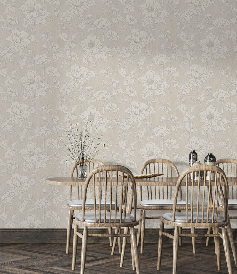 Bej Zemin Üzerine Beyaz Çiçek Desenli Silinebilir Duvar Kağıdı 53332 – Zarif Botanik Tasarım, Kendinden Dokulu, Kolay Uygulama, Salon ve Yatak Odası İçin