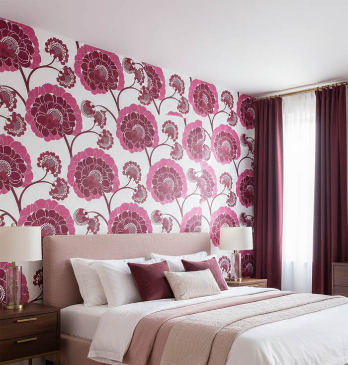 Beyaz Kırmızı Pembe Çiçek Desenli Duvar Kağıdı 111038