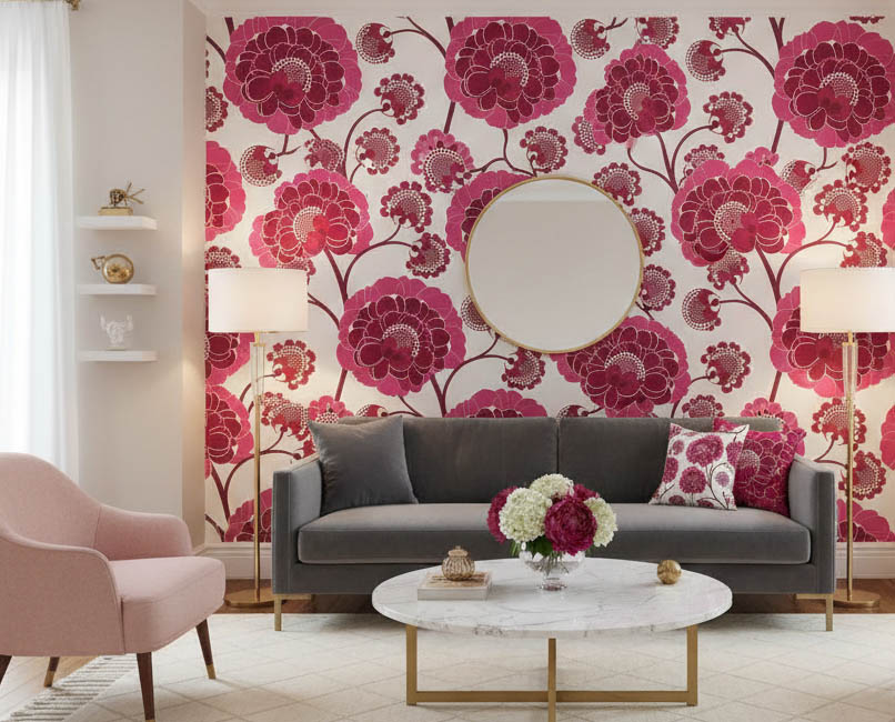 Beyaz Kırmızı Pembe Çiçek Desenli Duvar Kağıdı 111038