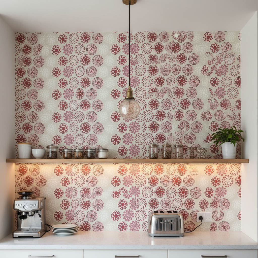 Beyaz Kırmızı Pembe Noktalı Çiçek Desen Duvar Kağıdı 111026