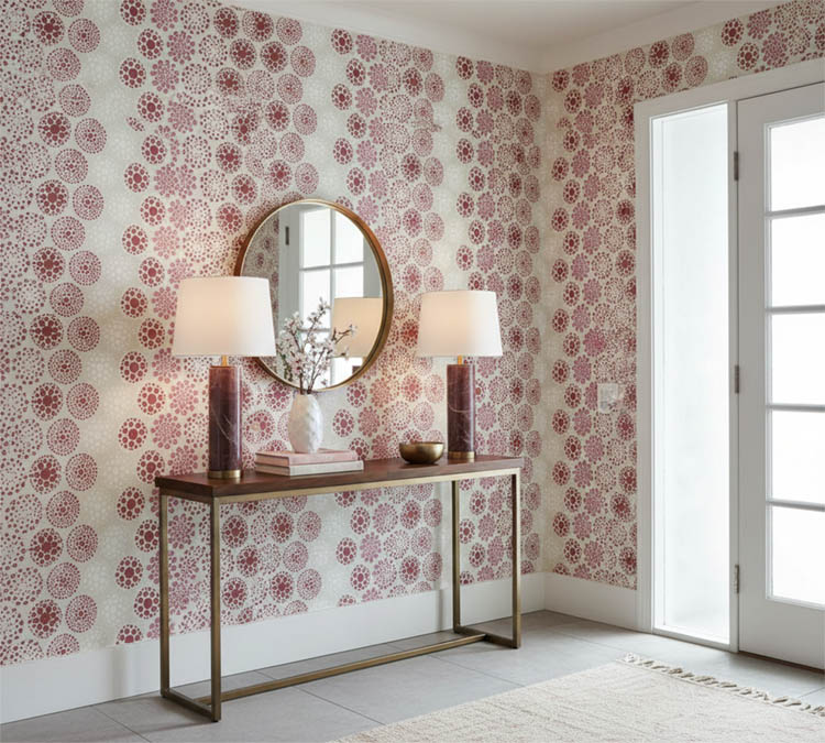 Beyaz Kırmızı Pembe Noktalı Çiçek Desen Duvar Kağıdı 111026