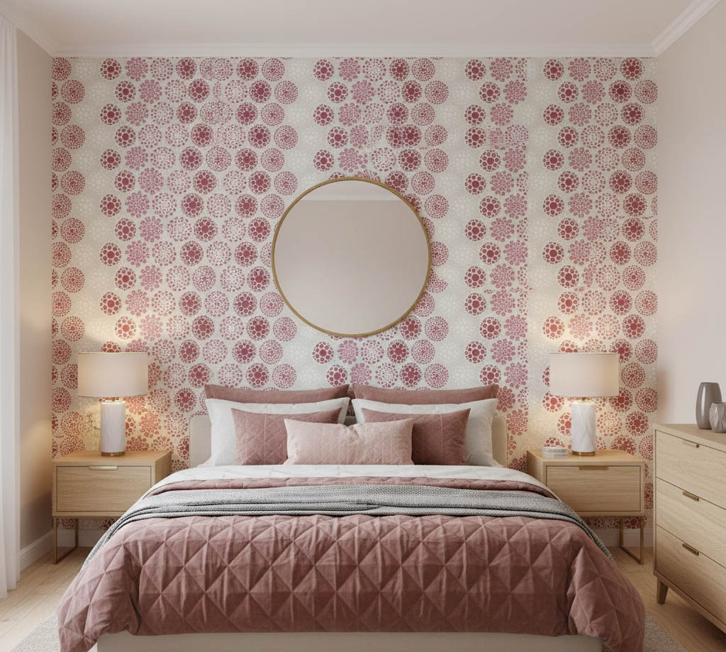 Beyaz Kırmızı Pembe Noktalı Çiçek Desen Duvar Kağıdı 111026