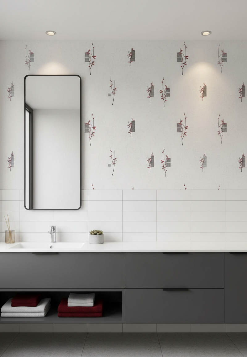 Beyaz Üzeri Kırmızı Çiçek Desen Ucuz Duvar Kağıdı 53750