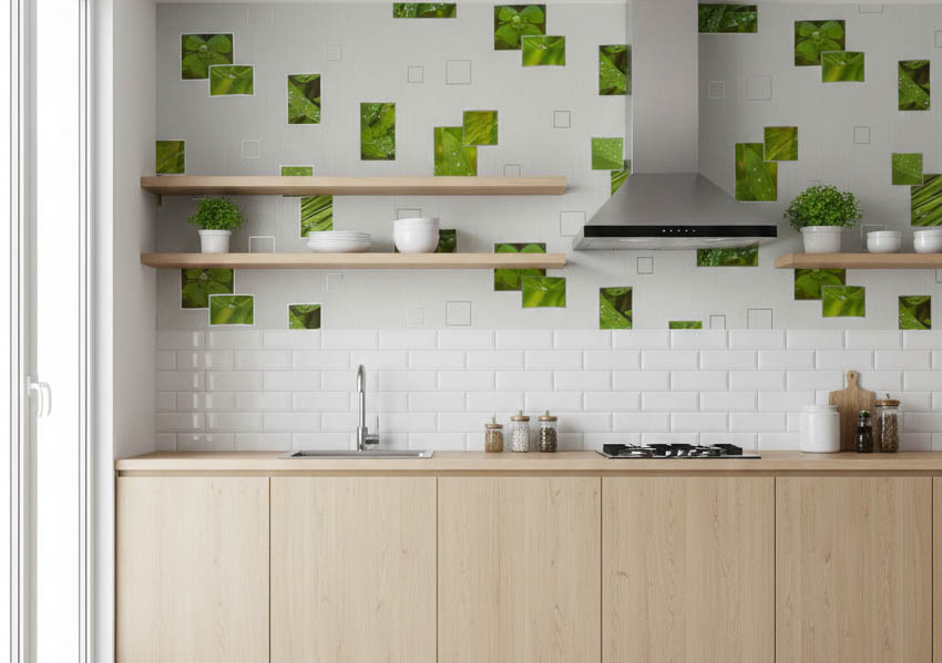 Beyaz Yeşil Yaprak Desen Ucuz Duvar Kağıdı 