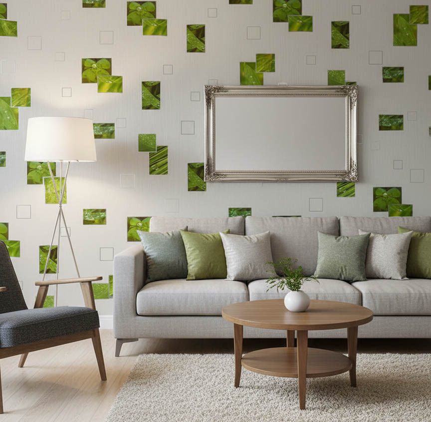 Beyaz Yeşil Yaprak Desen Ucuz Duvar Kağıdı 