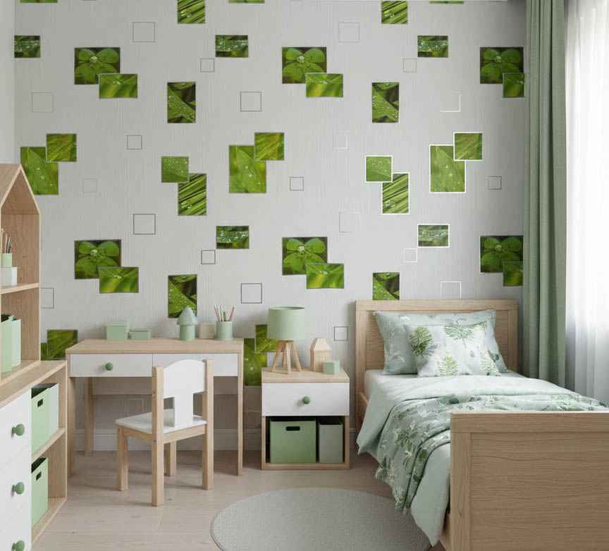 Beyaz Yeşil Yaprak Desen Ucuz Duvar Kağıdı 