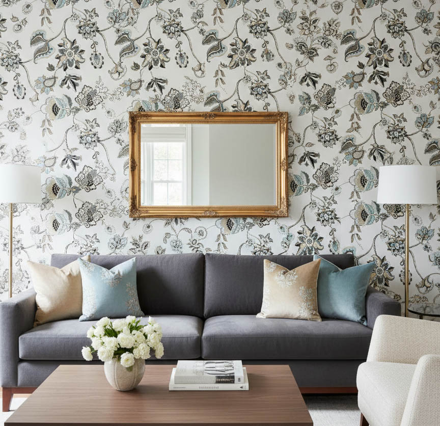 Beyaz Zemin Renkli Çiçek Klasik Duvar Kağıdı 3009