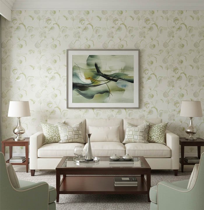 Beyaz Zemin Yeşil Dal Çiçek Duvar Kağıdı 111034