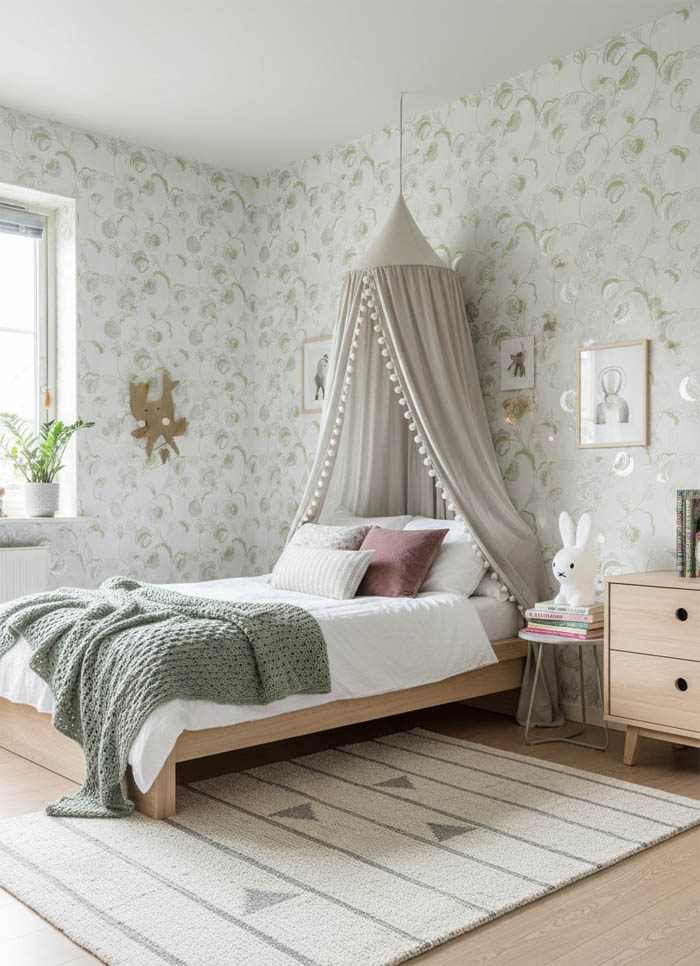 Beyaz Zemin Yeşil Dal Çiçek Duvar Kağıdı 111034