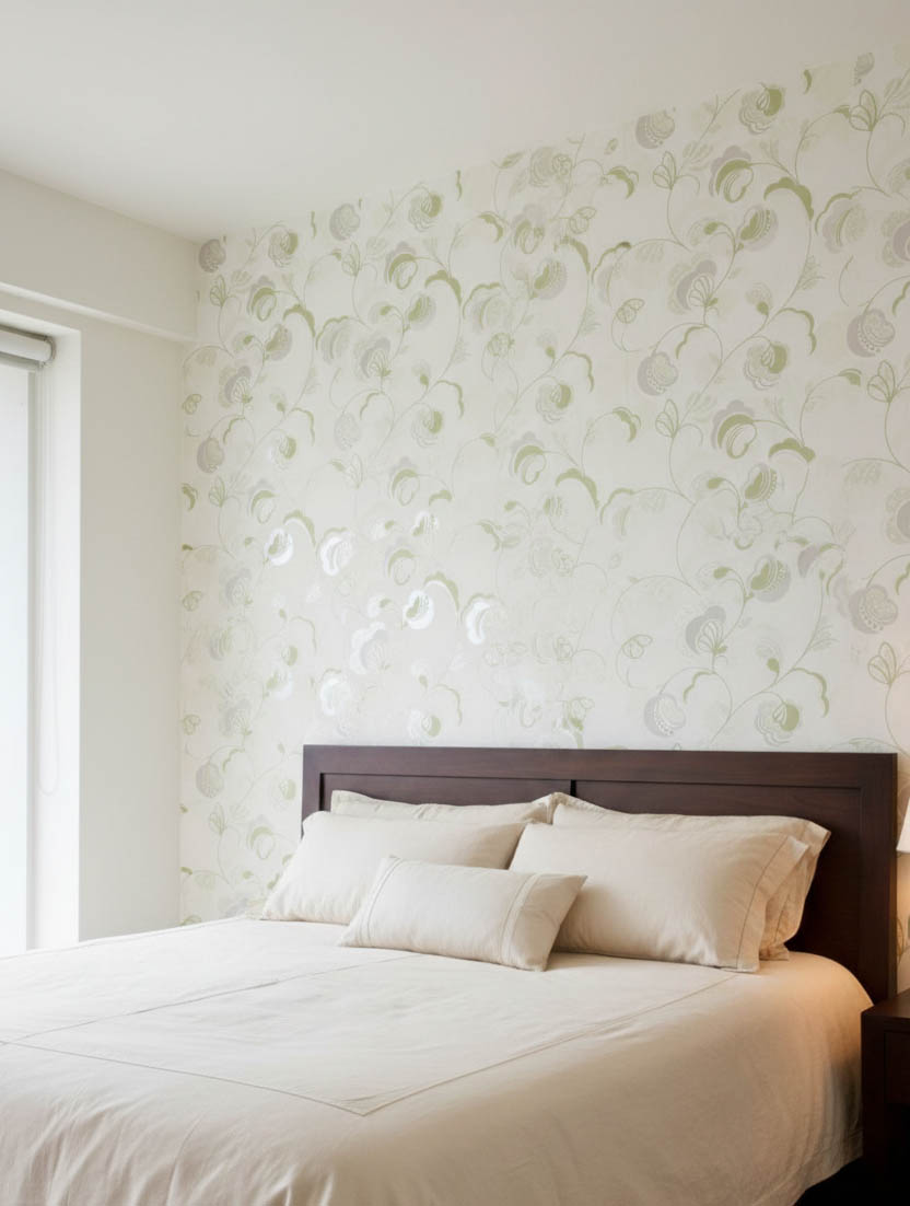 Beyaz Zemin Yeşil Dal Çiçek Duvar Kağıdı 111034