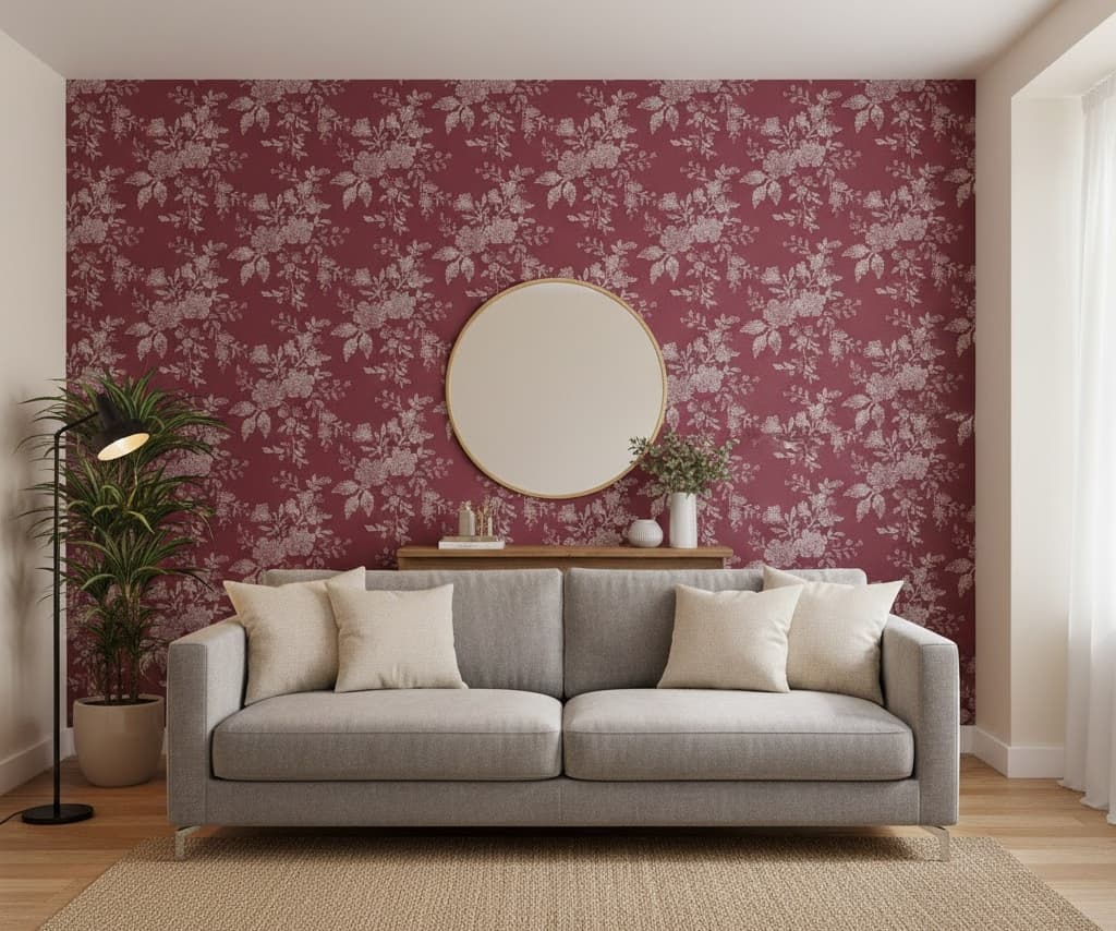 Bordo Beyaz Çiçek Desen Duvar Kağıdı 2931