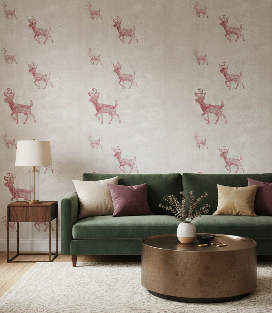 Bordo Geyik Desenli Gri Duvar Kağıdı 3003