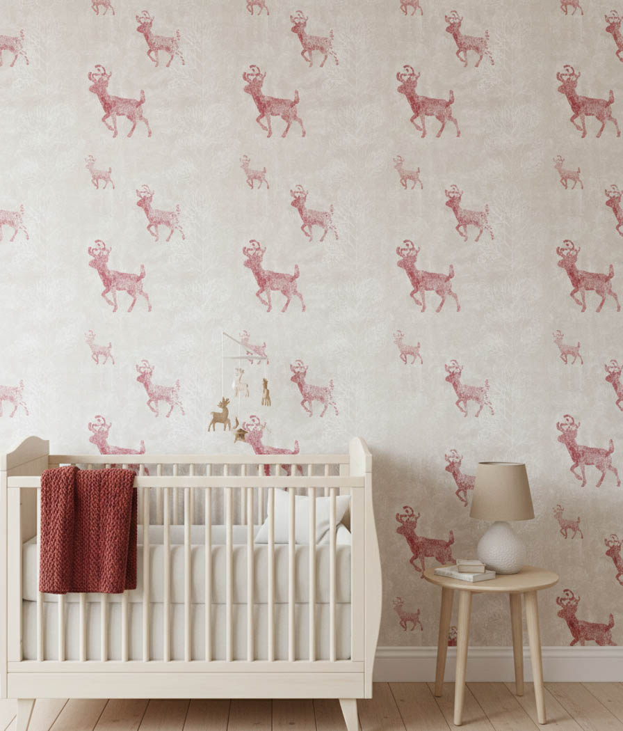 Bordo Geyik Desenli Gri Duvar Kağıdı 3003