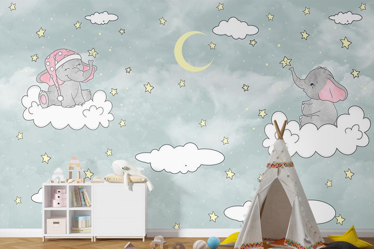 Bulut Üzerinde Sevimli Filler Duvar Kağıdı