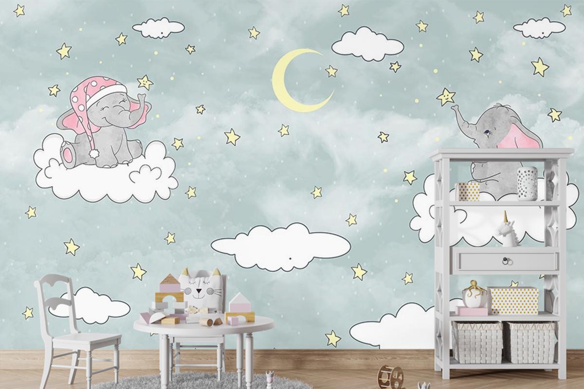 Bulut Üzerinde Sevimli Filler Duvar Kağıdı