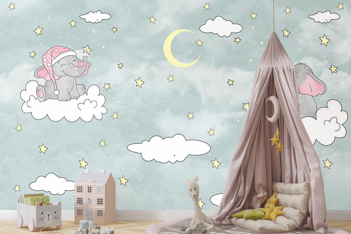 Bulut Üzerinde Sevimli Filler Duvar Kağıdı