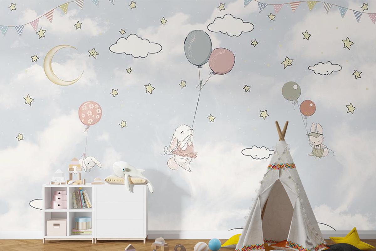 Bulutlar Arasında Balonlar Ve Tavşanlar Çocuk Odası Duvar Kağıdı