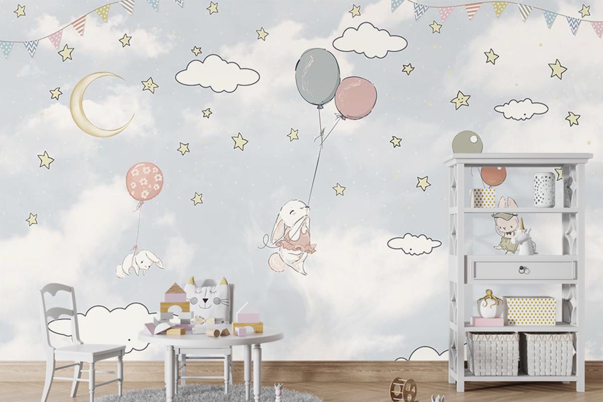 Bulutlar Arasında Balonlar Ve Tavşanlar Çocuk Odası Duvar Kağıdı