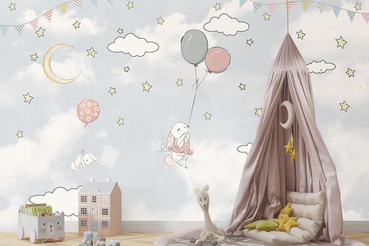 Bulutlar Arasında Balonlar Ve Tavşanlar Çocuk Odası Duvar Kağıdı