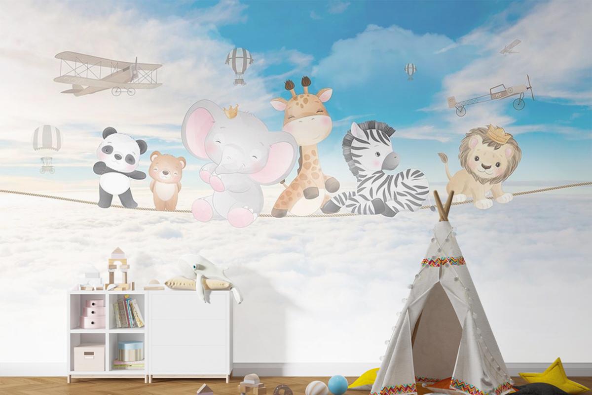 Bulutlar Üzerinde Mutlu Ve Sevimli Hayvanlar Çocuk Odası Duvar Kağıdı