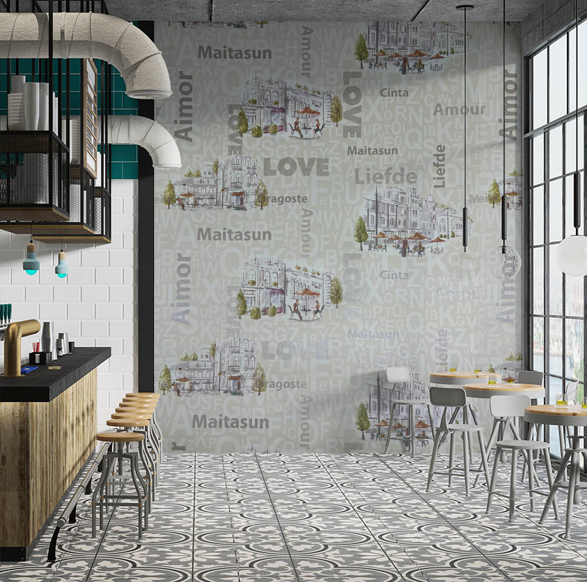 Cafe Harfli Şehirli Krem 16 M2 Duvar Kağıdı 10362-1