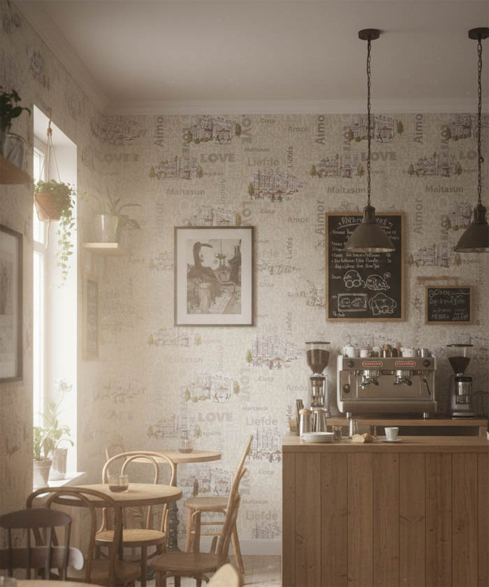 Cafe Harfli Şehirli Krem 16 M2 Duvar Kağıdı 10362-1