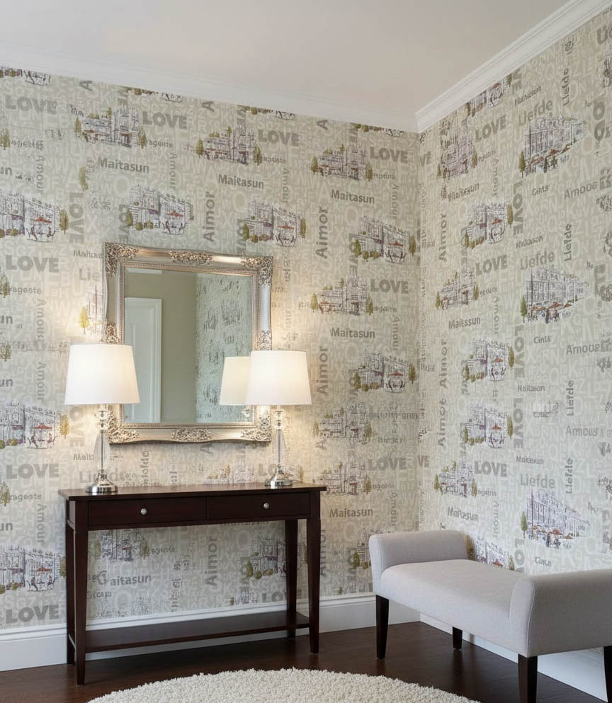 Cafe Harfli Şehirli Krem 16 M2 Duvar Kağıdı 10362-1