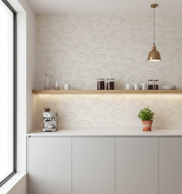 Cafe Tarzı Krem Fincanlı Ucuz Duvar Kağıdı 53701