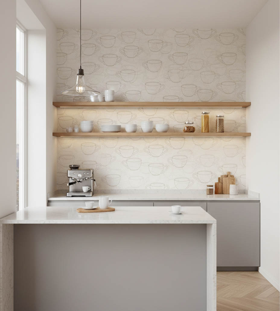 Cafe Tarzı Krem Fincanlı Ucuz Duvar Kağıdı 53701