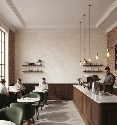 Cafe Tarzı Krem Fincanlı Ucuz Duvar Kağıdı 53701