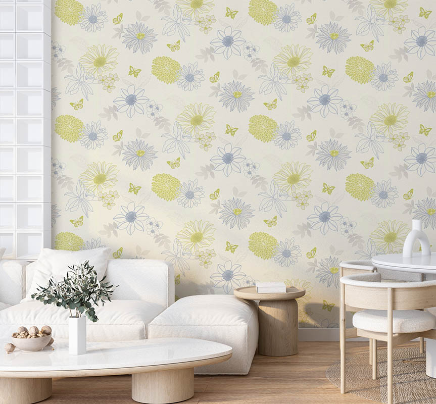 Çiçekli Kelebekli Mavi Yeşil Ucuz Duvar Kağıdı 54249